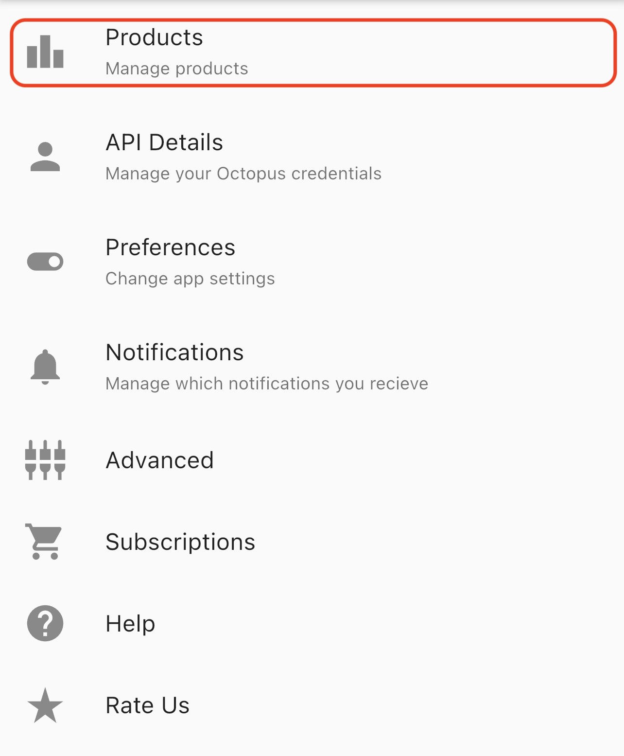 Settings Products